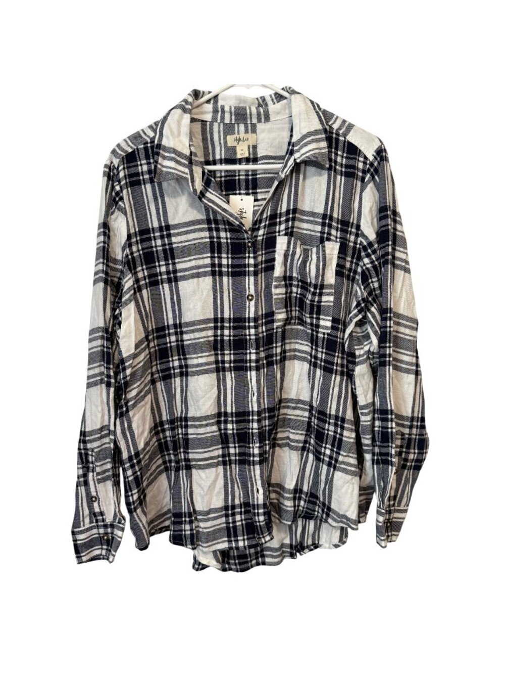 Style & Co Womens Navy White Plaid Button-Down Shirt 2X Long Sleeve Cotton Blend